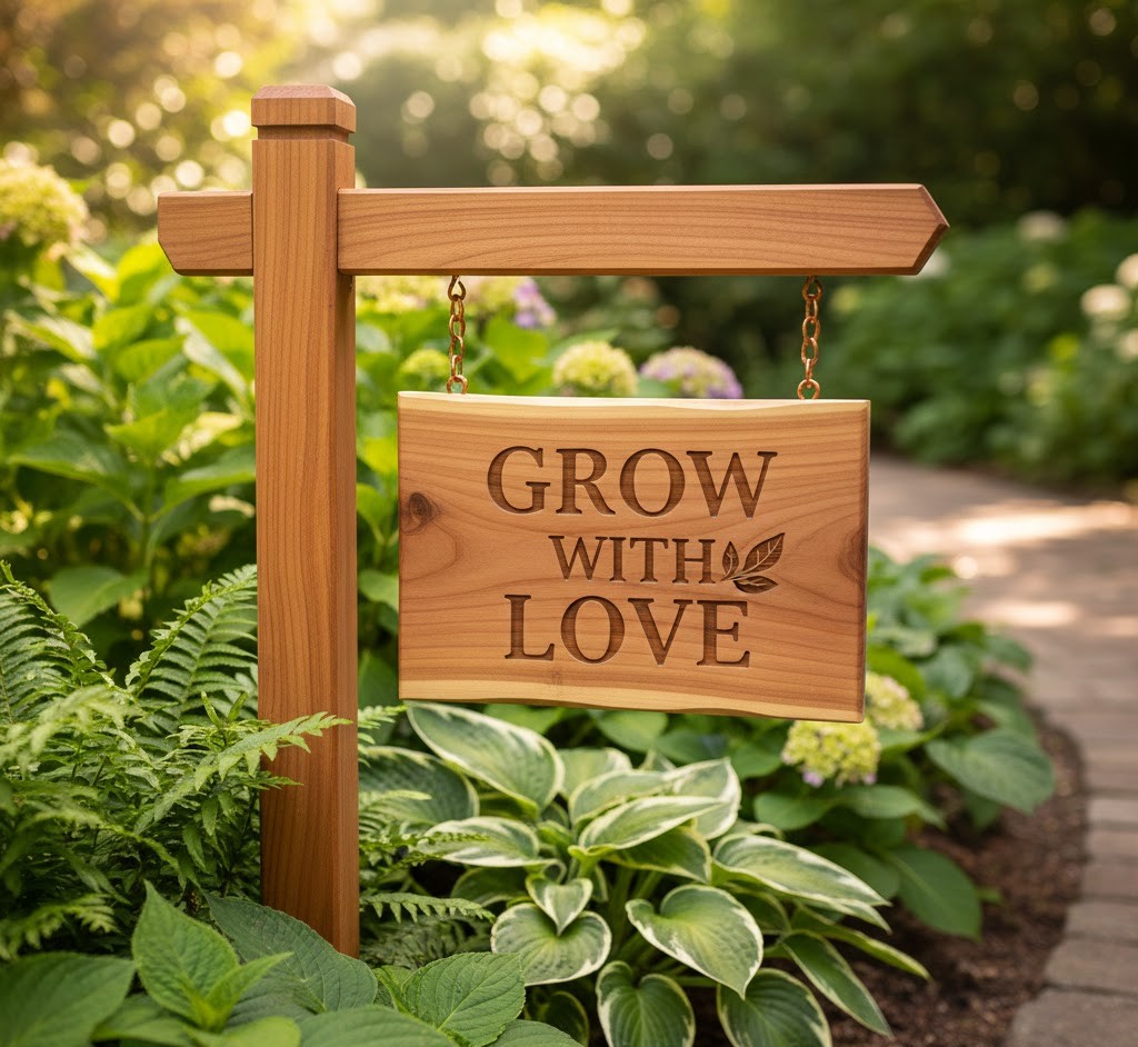 Cedar garden sign with custom message