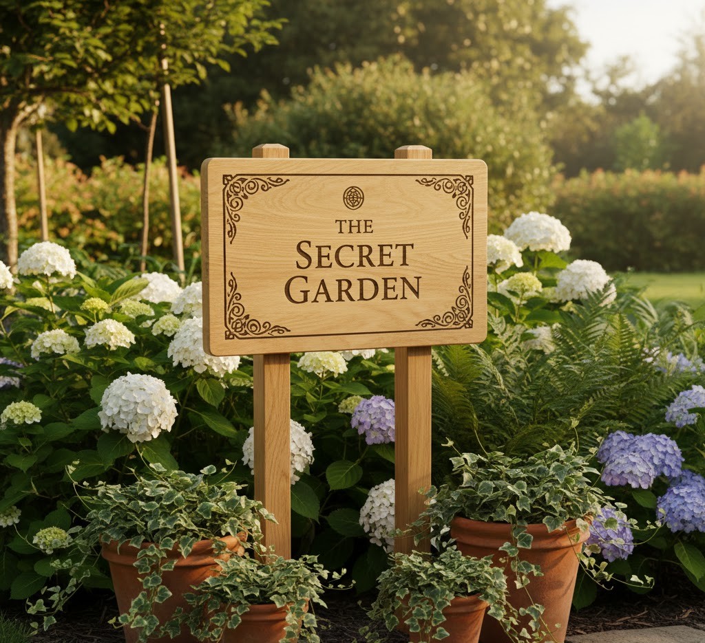 Oak garden sign with decorative border